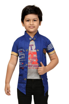 FASHION GRAB Boys Printed Casual Blue Shirt