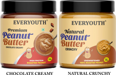 everyouth Peanut Butter Chocolate Creamy & Unsweetened Peanut Butter Crunchy(680 g, Pack of 2)