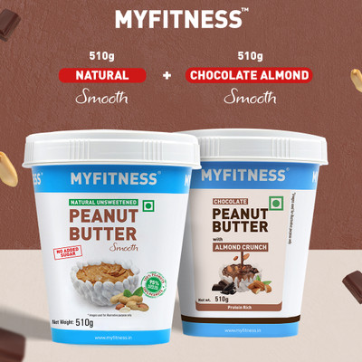 MYFITNESS PEANUT BUTTER Natural Peanut Butter Smooth & Chocolate Peanut Butter with Almond Crunch 510g(1020 g, Pack of 2)