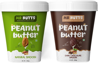 MR NUTTS Combo Dark Chocolate Smooth + Natural Smooth Peanut Butter |Protein no sugar(1 kg, Pack of 2)