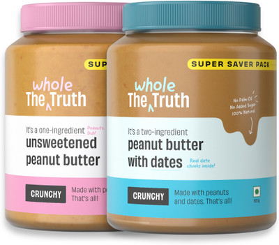The Whole Truth - Unsweetened Peanut Butter+Peanut Butter with Dates- SUPER SAVER Crunchy Combo-(1.85 kg, Pack of 2)