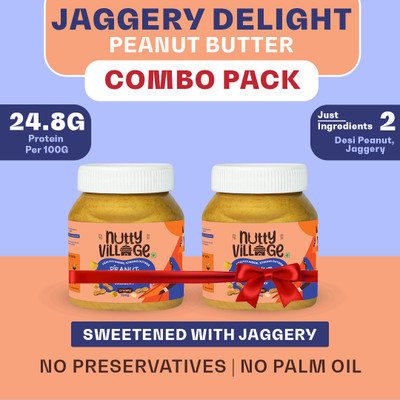 Nutty Village Crunchy Jaggery Peanut Butter| No Added Sugar,Gluten Free,No Preservatives COMBO(325 g, Pack of 2)