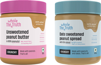 The Whole Truth - Unsweetened Peanut Butter + Peanut Butter with Dates Crunchy Combo -(650 g, Pack of 2)