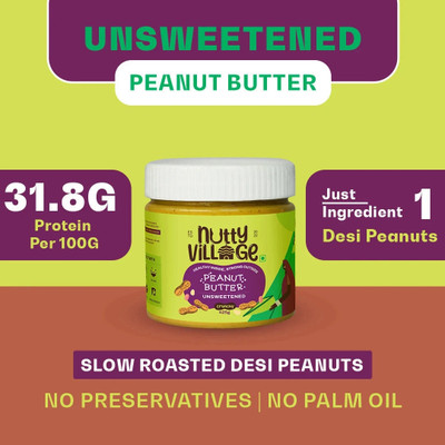 Nutty Village Crunchy Unsweetened Peanut Butter| No Added Sugar, Gluten Free, No Preservatives(425 g)
