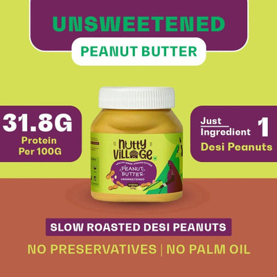 Nutty Village Crunchy Unsweetened Peanut Butter| No Added Sugar, Gluten Free, No Preservatives(325 g)