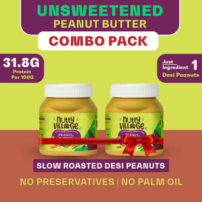 Nutty Village Creamy Unsweetened Peanut Butter| No Added Sugar, Gluten Free, No Preservatives(325 g, Pack of 2)