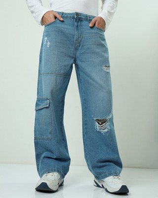 BEWAKOOF Baggy Distressed Cargo Loose Fit Men Blue Jeans