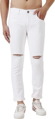 YGDEAL Men's Premium Solid Comfort Stretch Cotton Kneecut Regular Men White Jeans