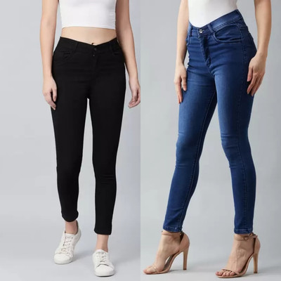 seetoo Skinny Women Black, Dark Blue Jeans(Pack of 2)