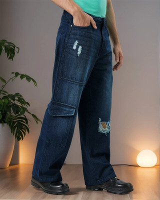 BEWAKOOF Baggy Distressed Cargo Loose Fit Men Blue Jeans