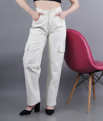 White leapard Loose Fit Women Beige Jeans