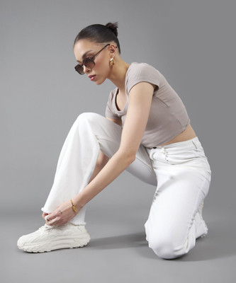 DOLCE CRUDO Boot-Leg Women White Jeans