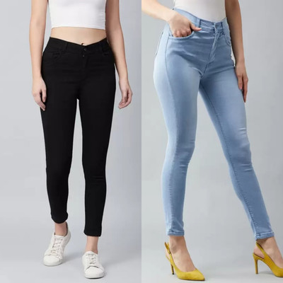 seetoo Skinny Women Black, Light Blue Jeans(Pack of 2)