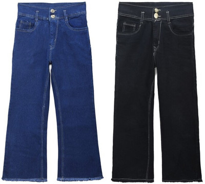 GUCHU Flared Girls Dark Blue, Black Jeans(Pack of 2)