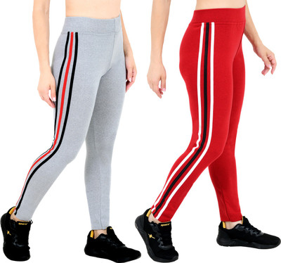 YUALIN CREATION Red, Grey Jegging(Striped)