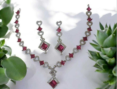 mmm Alloy Silver Maroon Jewellery Set(Pack of 1)