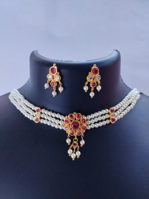 WANGADEZ Brass, Mother of Pearl Gold-plated Pink, Red Jewellery Set(Pack of 3)