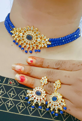 RR Jeweller Brass Gold-plated Blue Jewellery Set(Pack of 1)