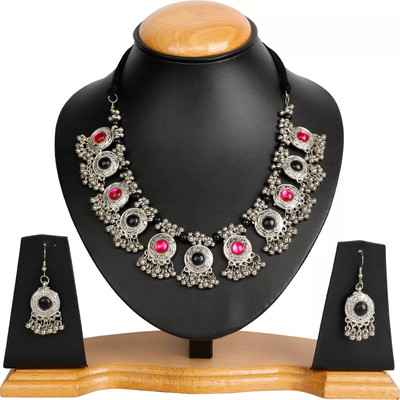 Etasha Stone, Oxidised Silver, Dori, Alloy Sterling Silver, Black Silver Black, Pink Jewellery Set(Pack of 1)