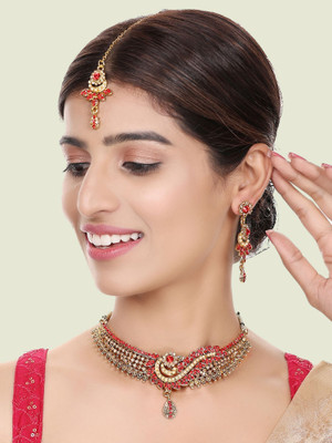 Anika's Creation Brass Gold-plated Red Jewellery Set(Pack of 4)