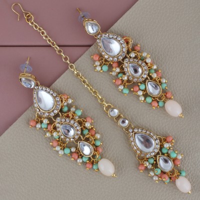 Lucky Jewellery Traditional Gold Plated kundan Stone Light Peach Mint color Tika Earring set Beads Alloy Drops & Danglers