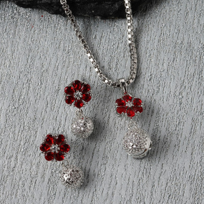 ZENEME Brass Rhodium Red Jewellery Set(Pack of 3)