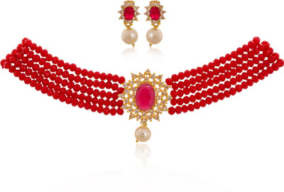 Tanusha Jewels Brass, Crystal Gold-plated Red Jewellery Set(Pack of 1)