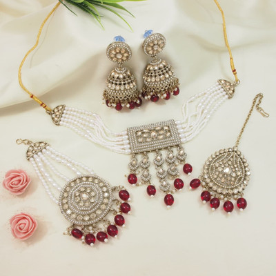 Atulya Alloy Gold-plated Maroon Jewellery Set(Pack of 4)