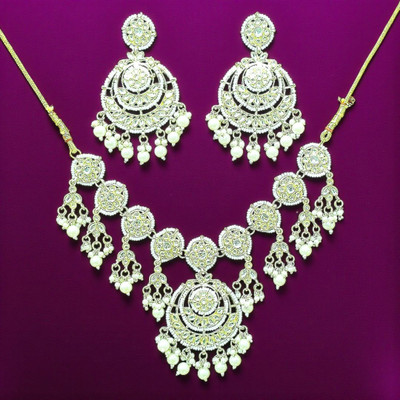 Aroras Bridal & Fashion Jewellery Brass Silver White Jewellery Set(Pack of 1)
