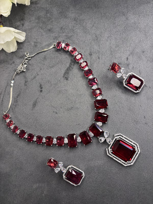 RIWAAYAA Alloy Rhodium Ruby Red Jewellery Set(Pack of 1)