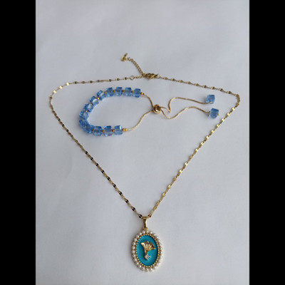 Bling World Stainless Steel Gold-plated Blue Jewellery Set(Pack of 2)