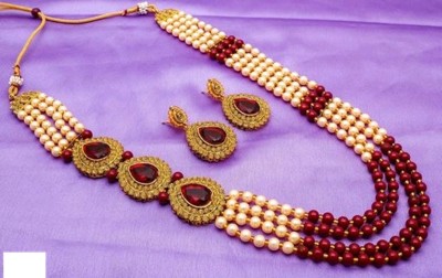 White pearl Alloy Gold-plated Maroon, Gold Jewellery Set(Pack of 1)