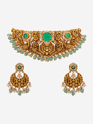 Kushal's Fashion Jewellery Copper Gold-plated Green Jewellery Set(Pack of 3)