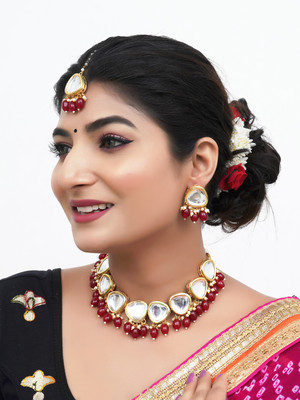 SHUBHAM JEWELLERS Brass Gold-plated Maroon Jewellery Set(Pack of 4)