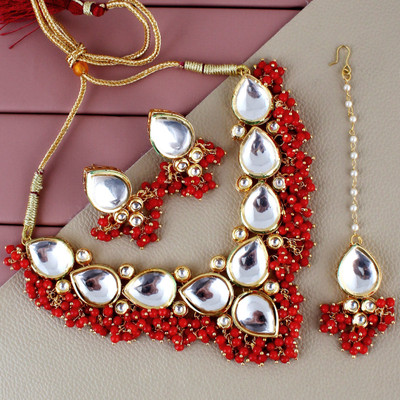 Lucky Jewellery Alloy Gold-plated Red Jewellery Set(Pack of 4)