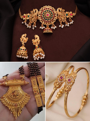 VEDDAA Brass Gold-plated Grey Jewellery Set(Pack of 3)