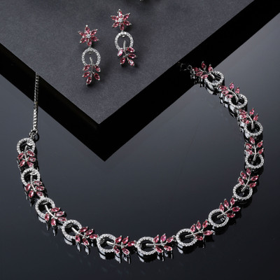 ZENEME Brass Rhodium Red Jewellery Set(Pack of 3)