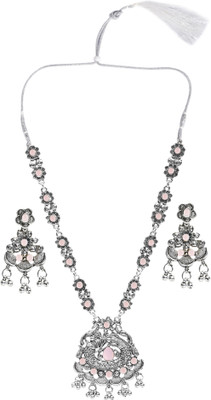 Pujvi Oxidised Silver Pink Jewellery Set(Pack of 1)