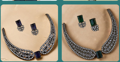 OXIDESED Oxidised Silver, Crystal White, Pink, Green Jewellery Set(Pack of 1)