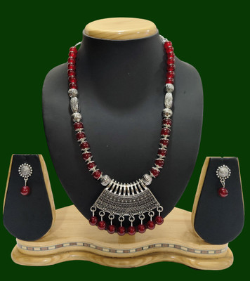 Geesa Oxidised Silver Maroon Jewellery Set(Pack of 1)