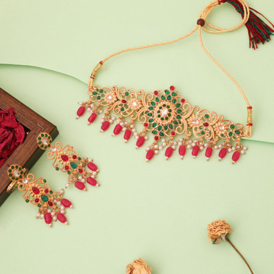 Sangria Brass Gold-plated Gold, Pink, Green, White Jewellery Set(Pack of 1)