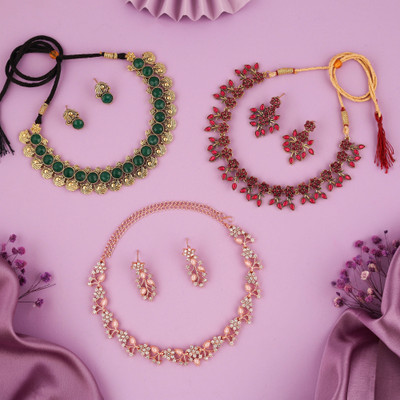 Sangria Brass Gold-plated Gold, White, Green Jewellery Set(Pack of 3)