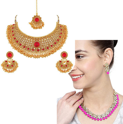 J J Alloy Gold-plated Red Jewellery Set(Pack of 1)