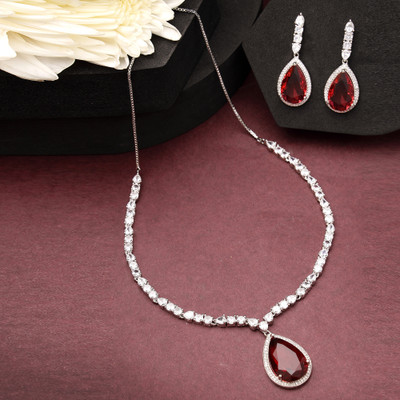 ZENEME Brass Rhodium Red Jewellery Set(Pack of 3)