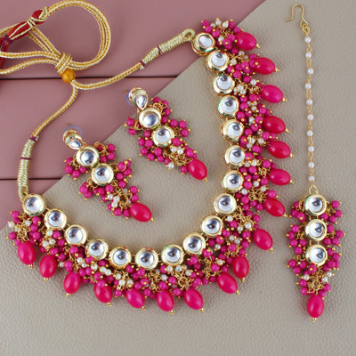 Lucky Jewellery Alloy Gold-plated Pink Jewellery Set(Pack of 4)