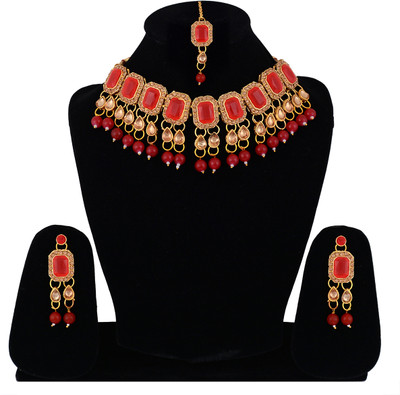 Darsha Collections Brass, Mother of Pearl, Crystal Gold-plated Red Jewellery Set(Pack of 1)