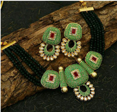 Henuka Brass Gold-plated Green Jewellery Set(Pack of 1)