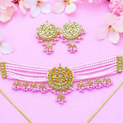 Aroras Bridal & Fashion Jewellery Brass Gold-plated Pink Jewellery Set(Pack of 1)