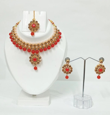 jatin imitation Metal, Stone Gold-plated Red Jewellery Set(Pack of 1)