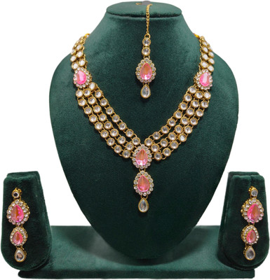 RAUNAK CREATION Alloy Gold-plated Pink Jewellery Set(Pack of 3)